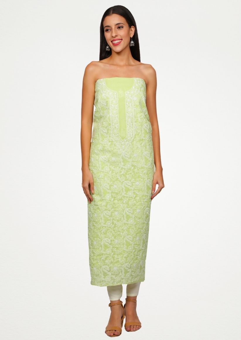 Firgun Lime Green Lucknowi Chikankari Cotton Unstitched Suit Set