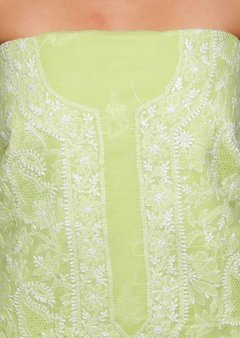 Firgun Lime Green Lucknowi Chikankari Cotton Unstitched Suit Set