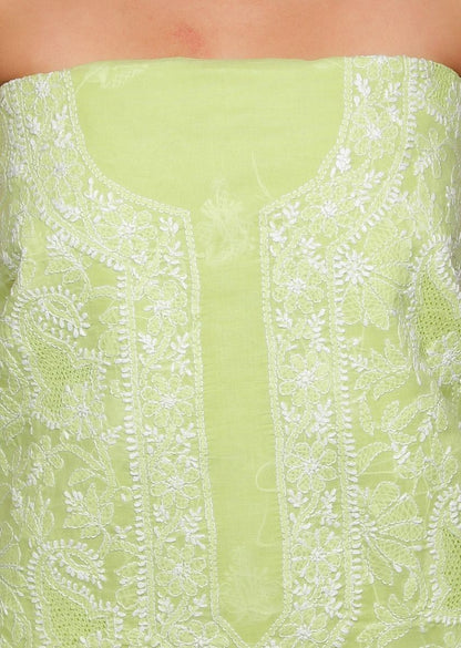 Firgun Lime Green Lucknowi Chikankari Cotton Unstitched Suit Set