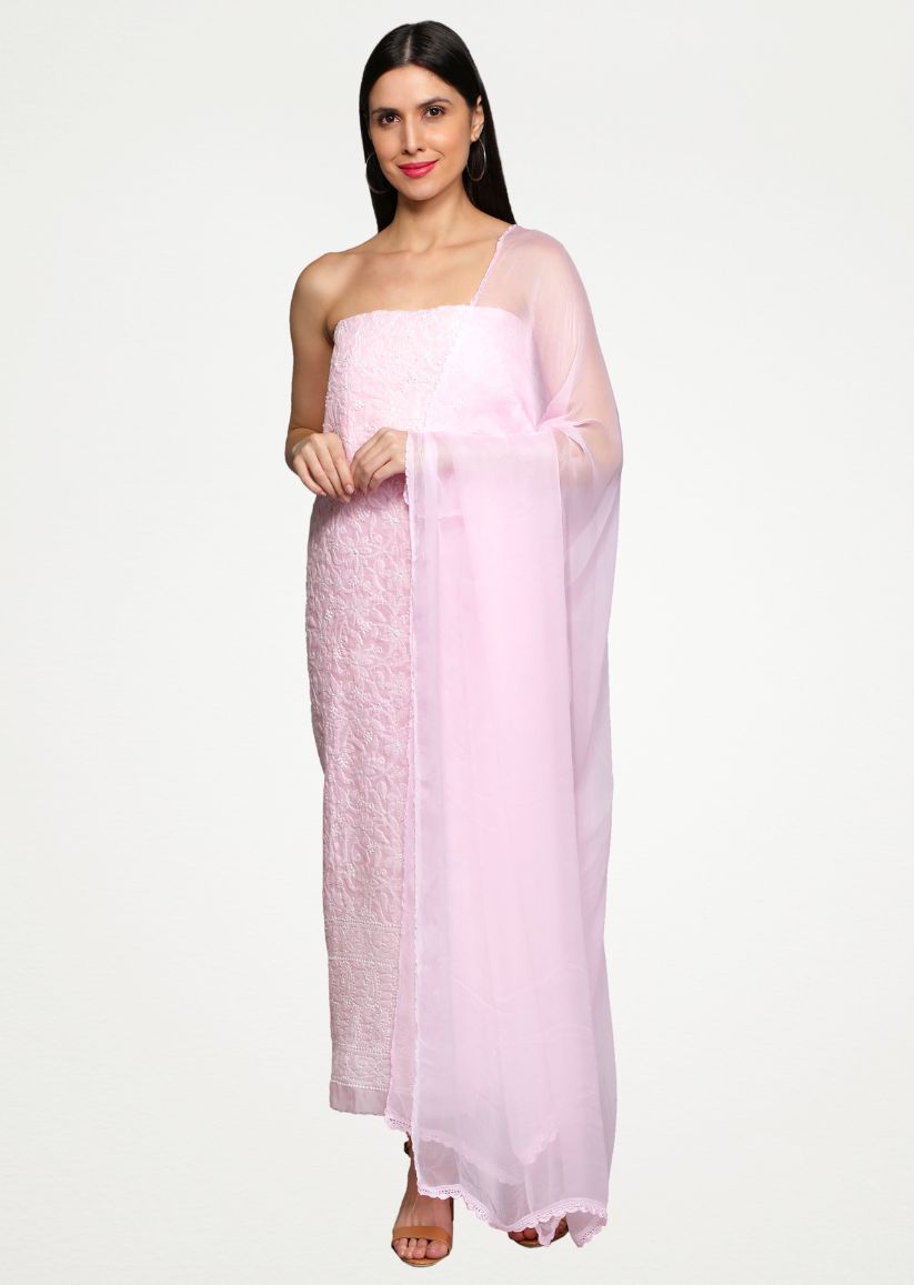 Firgun Blush Pink Lucknowi Chikankari Cotton Unstitched Suit Set