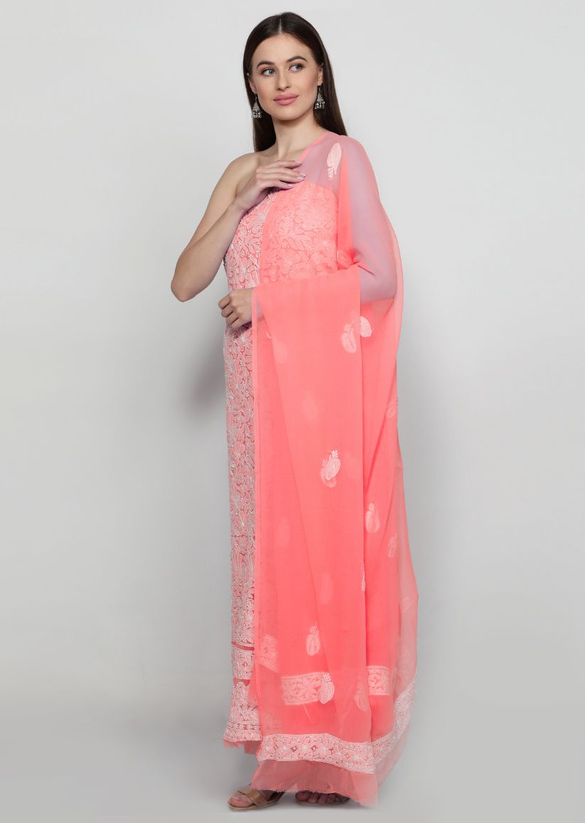Firgun Hand Embroidered Peach Lucknowi Chikankari Georgette Unstitched Suit Set
