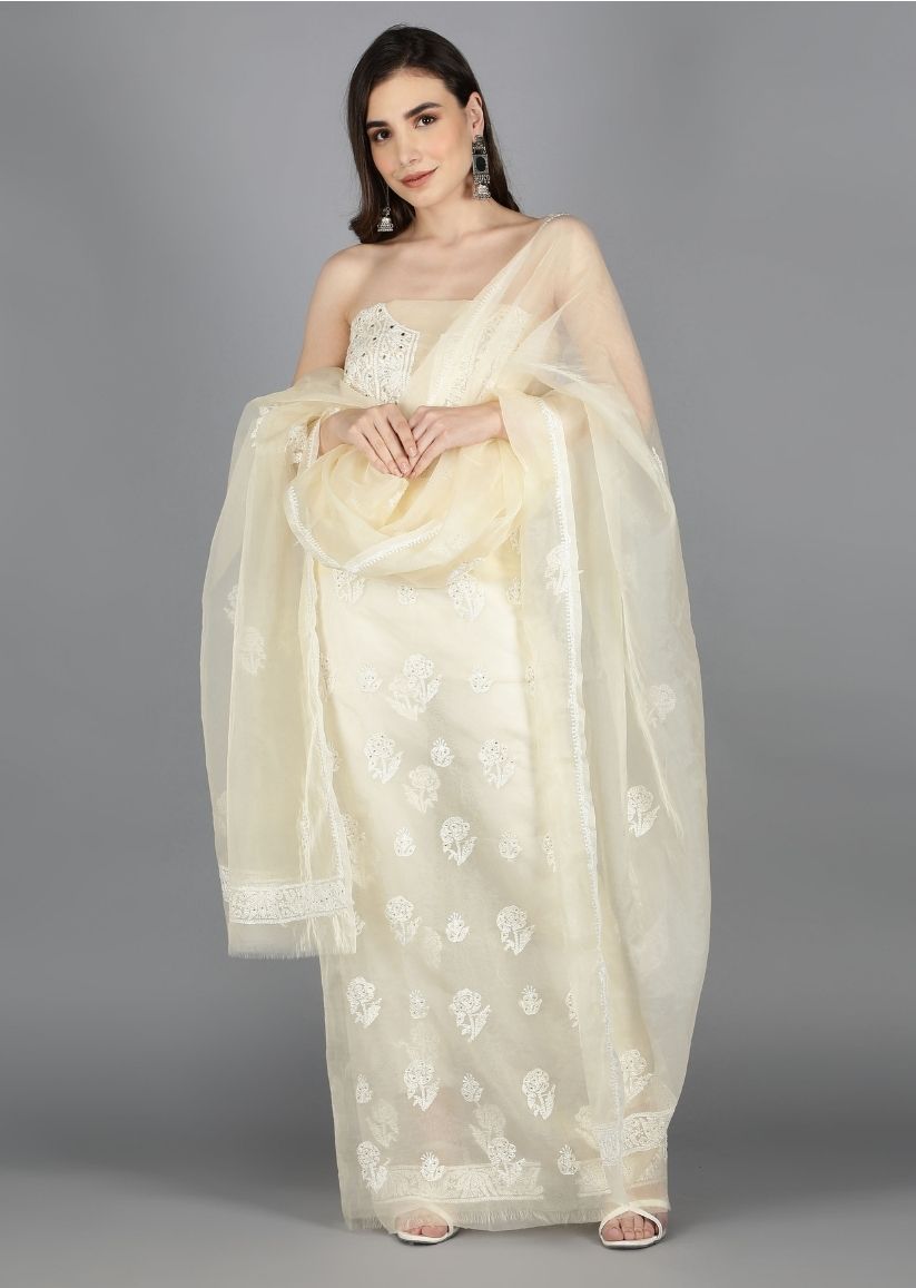 Firgun Beige Lucknowi Chikankari and Mukaish Work Organza Unstitched Kurta & Dupatta Set