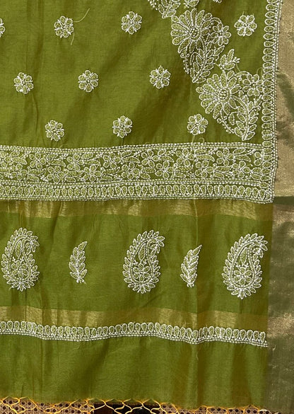 Firgun Olive Lucknowi Chikankari Chanderi Saree with Unstitched Blouse Piece