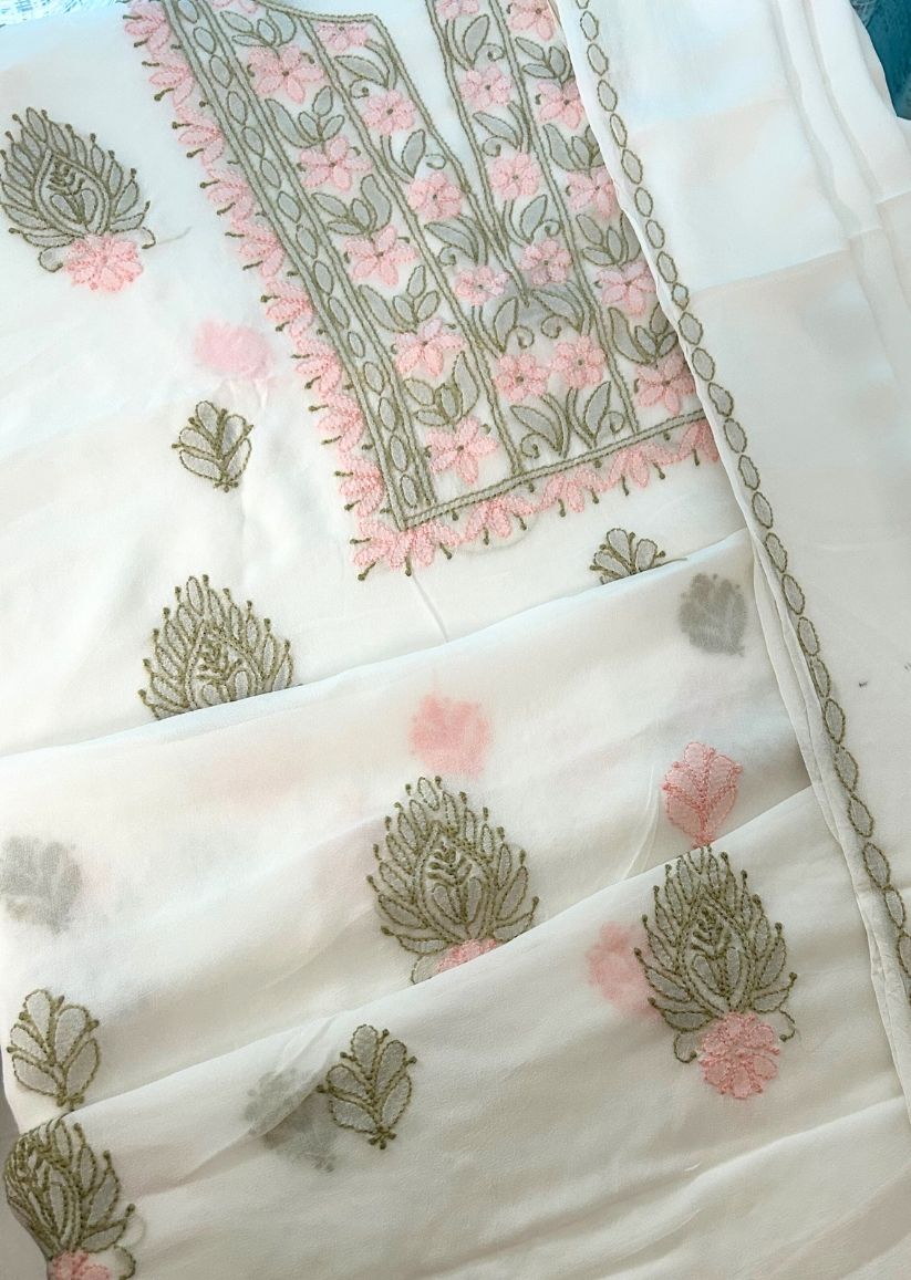 Firgun White Lucknowi Chikankari Viscose Georgette Unstitched Kurta & Dupatta Set