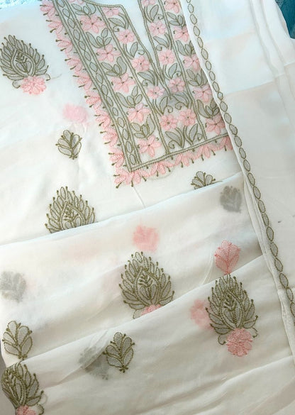 Firgun White Lucknowi Chikankari Viscose Georgette Unstitched Kurta & Dupatta Set