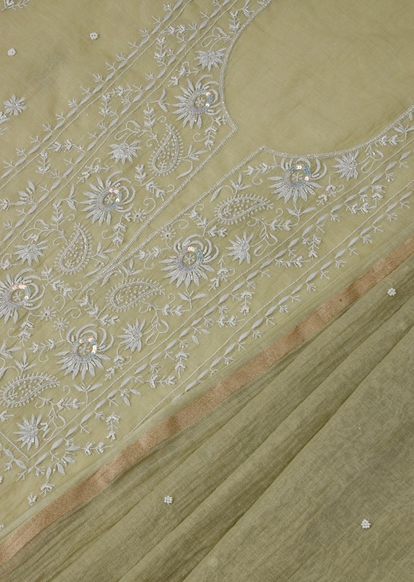 Firgun Mehendi Green Lucknowi Chikankari Mul Chanderi Unstitched Kurta & Dupatta Set