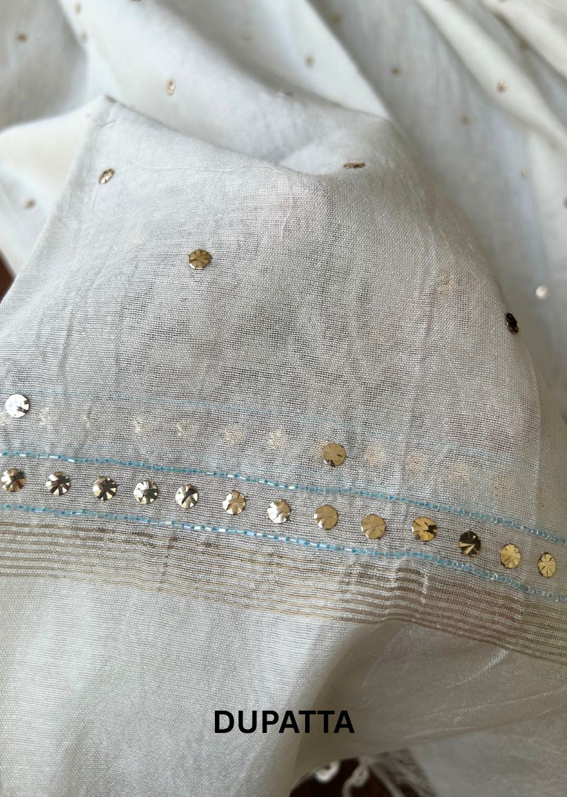 Firgun White Mul Chanderi Unstitched Kurta & Dupatta Set