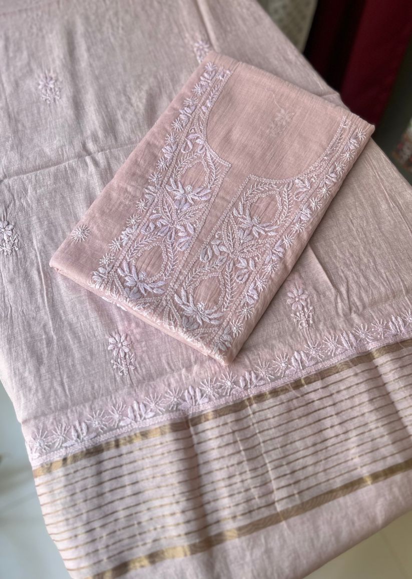 Firgun Blush Pink Lucknowi Chikankari Mul Chanderi Unstitched Kurta & Dupatta Set