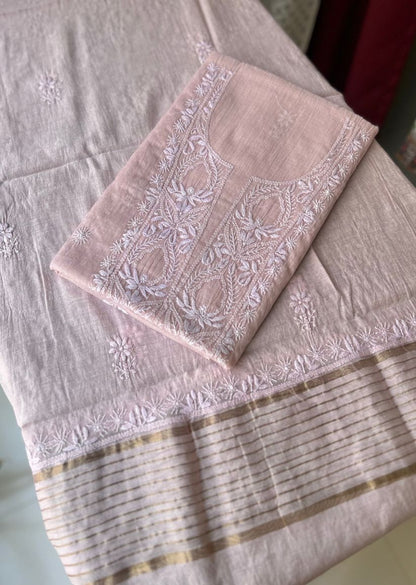 Firgun Blush Pink Lucknowi Chikankari Mul Chanderi Unstitched Kurta & Dupatta Set