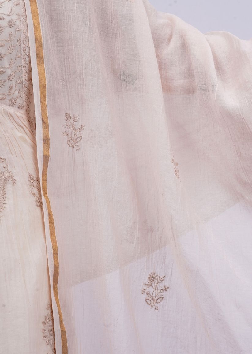 Firgun Beige Lucknowi Chikankari Viscose Mul Chanderi Semi-stitched Anarkali & Dupatta Set