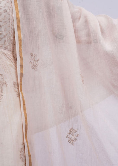 Firgun Beige Lucknowi Chikankari Viscose Mul Chanderi Semi-stitched Anarkali & Dupatta Set