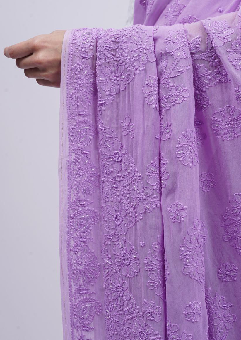 Firgun Lavender Lucknowi Chikankari Viscose Georgette Saree with Unstitched Blouse Piece