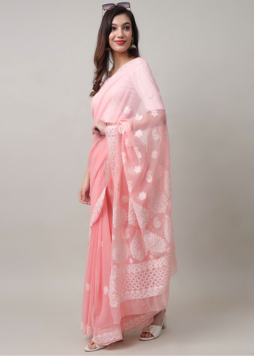 Firgun Peach Lucknowi Chikankari Georgette Saree with Unstitched Blouse Piece