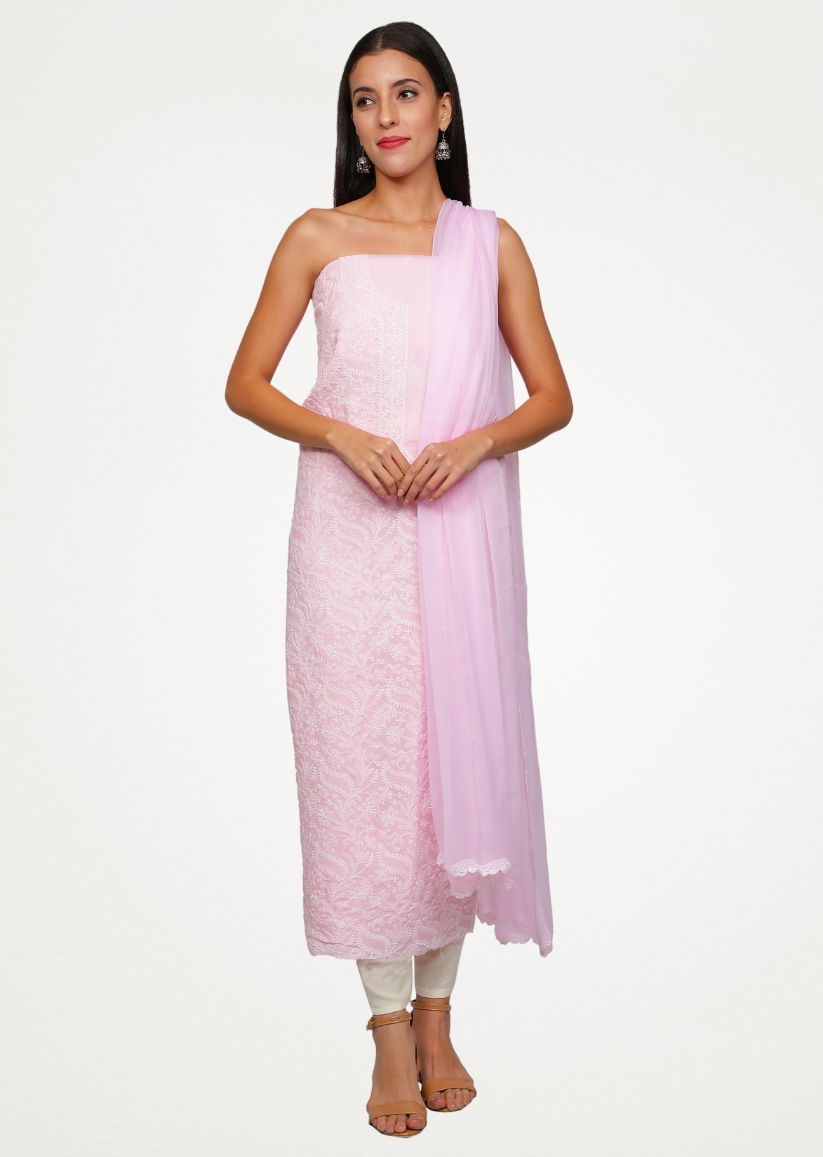 Firgun Baby Pink Lucknowi Chikankari Cotton Unstitched Suit Set