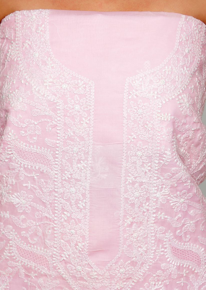 Firgun Baby Pink Lucknowi Chikankari Cotton Unstitched Suit Set