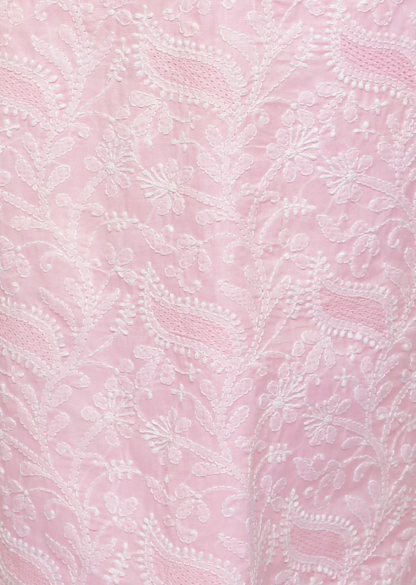 Firgun Baby Pink Lucknowi Chikankari Cotton Unstitched Suit Set