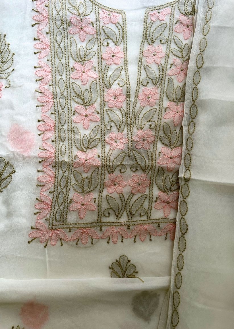 Firgun White Lucknowi Chikankari Viscose Georgette Unstitched Kurta & Dupatta Set