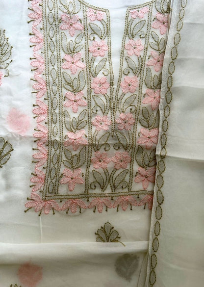 Firgun White Lucknowi Chikankari Viscose Georgette Unstitched Kurta & Dupatta Set