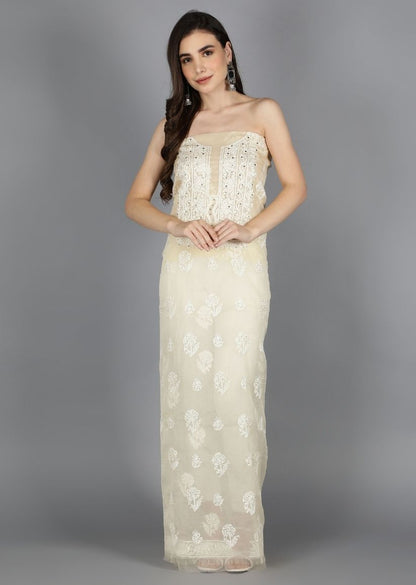 Firgun Beige Lucknowi Chikankari and Mukaish Work Organza Unstitched Kurta & Dupatta Set