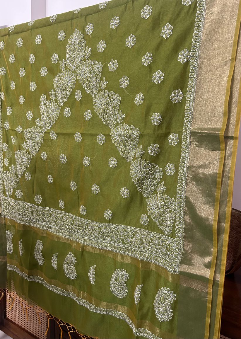Firgun Olive Lucknowi Chikankari Chanderi Saree with Unstitched Blouse Piece