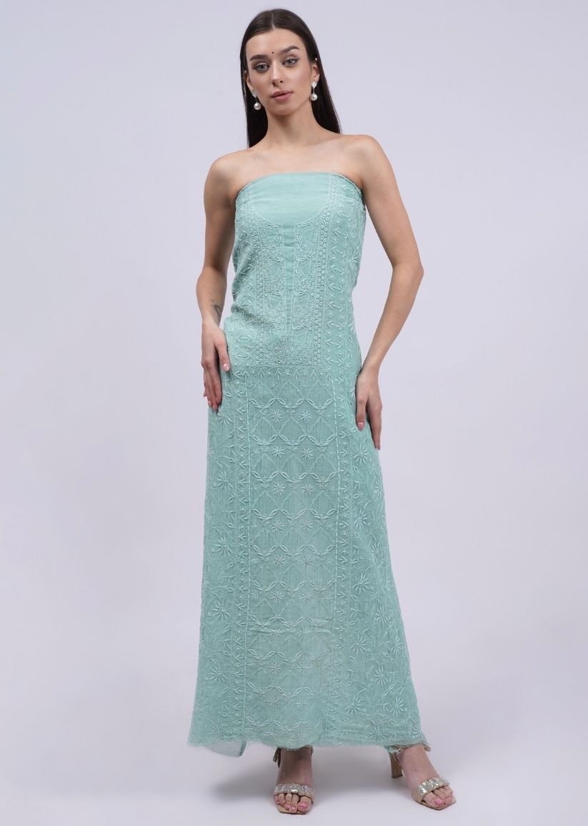 Firgun Pine Green Lucknowi Chikankari Mul Chanderi Unstitched Kurta & Dupatta Set