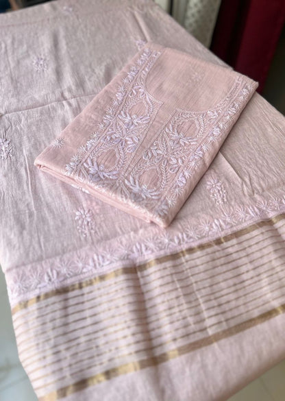 Firgun Blush Pink Lucknowi Chikankari Mul Chanderi Unstitched Kurta & Dupatta Set