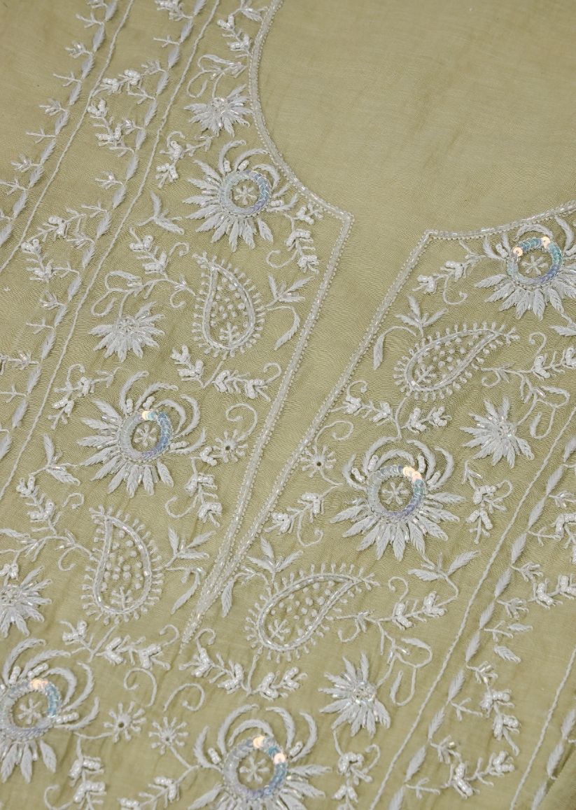 Firgun Mehendi Green Lucknowi Chikankari Mul Chanderi Unstitched Kurta & Dupatta Set
