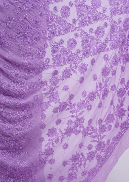 Firgun Lavender Lucknowi Chikankari Viscose Georgette Saree with Unstitched Blouse Piece