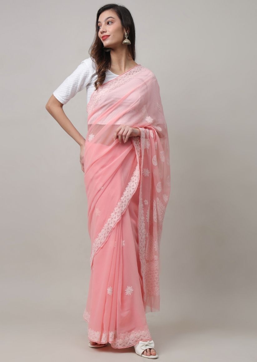 Firgun Peach Lucknowi Chikankari Georgette Saree with Unstitched Blouse Piece