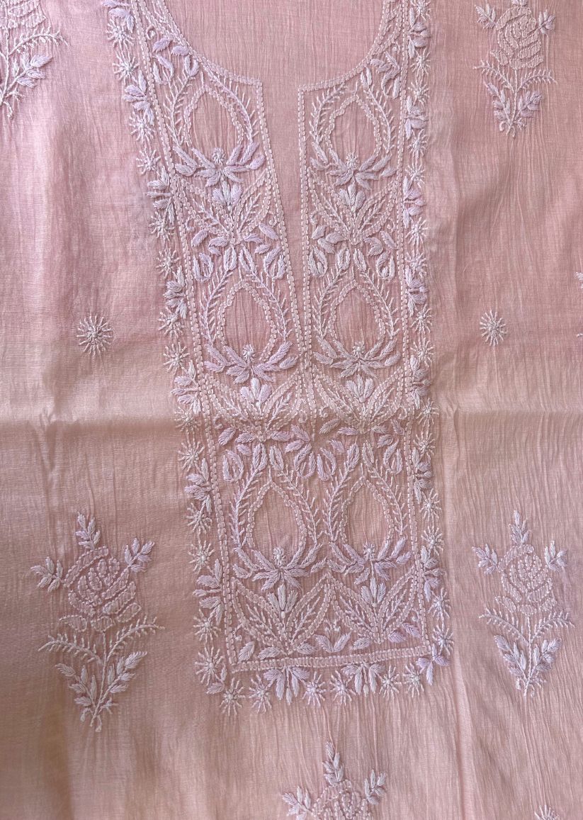 Firgun Blush Pink Lucknowi Chikankari Mul Chanderi Unstitched Kurta & Dupatta Set