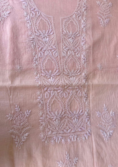 Firgun Blush Pink Lucknowi Chikankari Mul Chanderi Unstitched Kurta & Dupatta Set