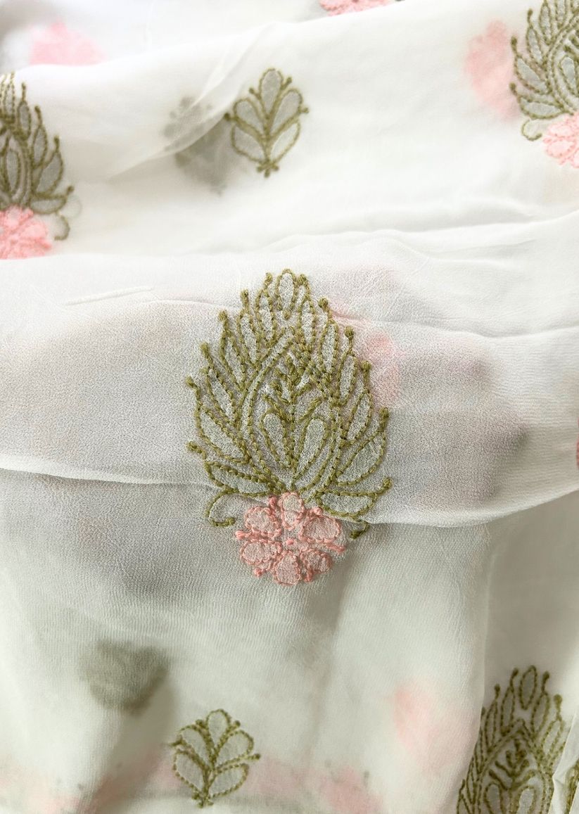 Firgun White Lucknowi Chikankari Viscose Georgette Unstitched Kurta & Dupatta Set