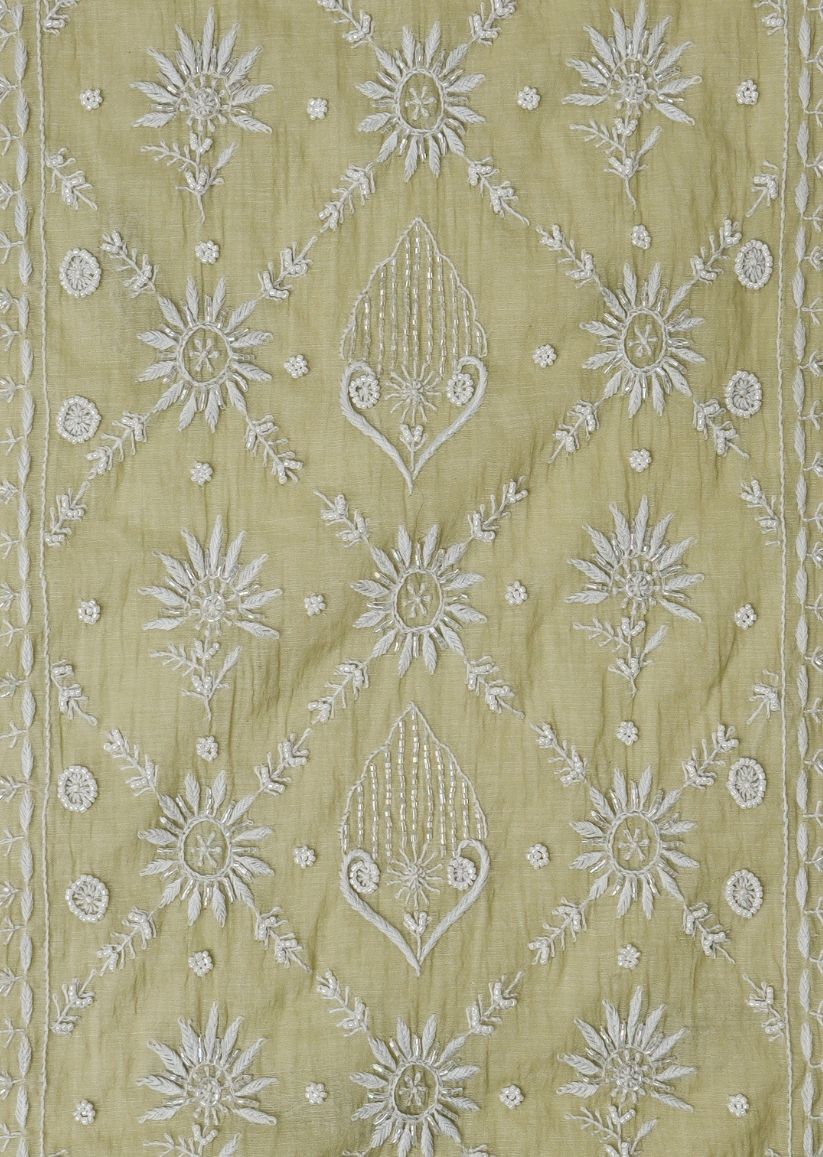 Firgun Mehendi Green Lucknowi Chikankari Mul Chanderi Unstitched Kurta & Dupatta Set