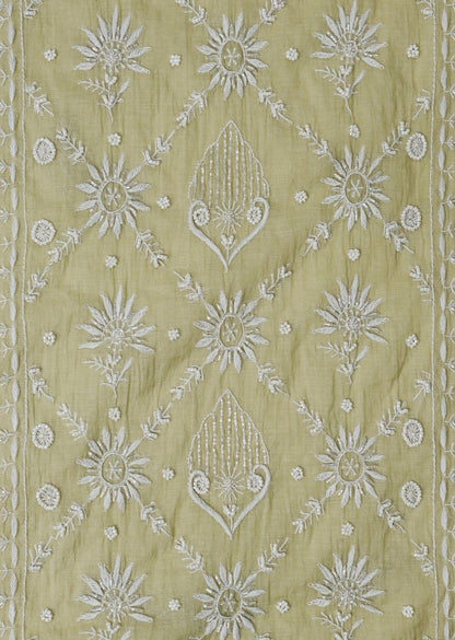 Firgun Mehendi Green Lucknowi Chikankari Mul Chanderi Unstitched Kurta & Dupatta Set