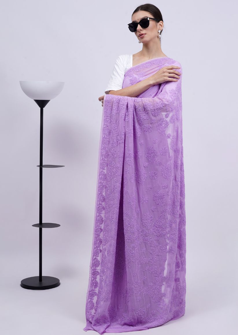 Firgun Lavender Lucknowi Chikankari Viscose Georgette Saree with Unstitched Blouse Piece