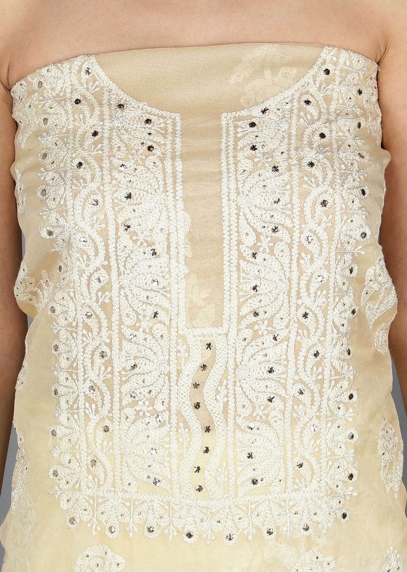 Firgun Beige Lucknowi Chikankari and Mukaish Work Organza Unstitched Kurta & Dupatta Set