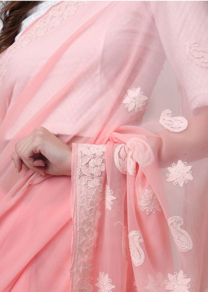 Firgun Peach Lucknowi Chikankari Georgette Saree with Unstitched Blouse Piece