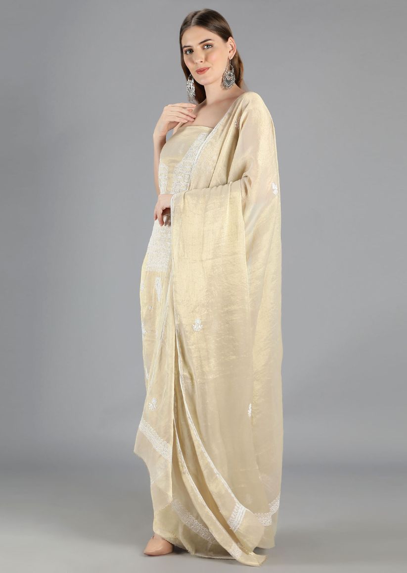 Firgun Gold Lucknowi Chikankari Tissue Georgette Unstitched Kurta & Dupatta Set