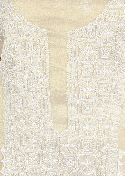 Firgun Gold Lucknowi Chikankari Tissue Georgette Unstitched Kurta & Dupatta Set