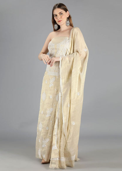 Firgun Gold Lucknowi Chikankari Tissue Georgette Unstitched Kurta & Dupatta Set