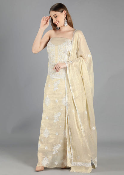 Firgun Gold Lucknowi Chikankari Tissue Georgette Unstitched Kurta & Dupatta Set