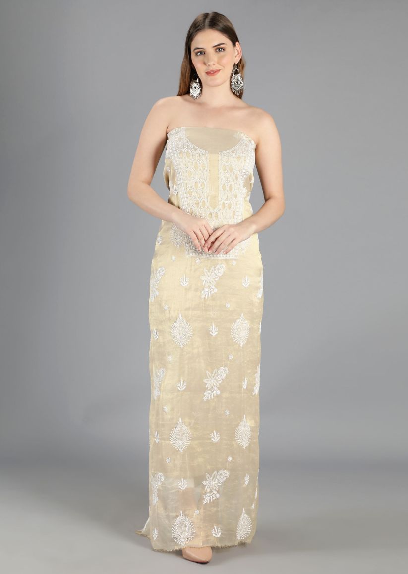 Firgun Gold Lucknowi Chikankari Tissue Georgette Unstitched Kurta & Dupatta Set