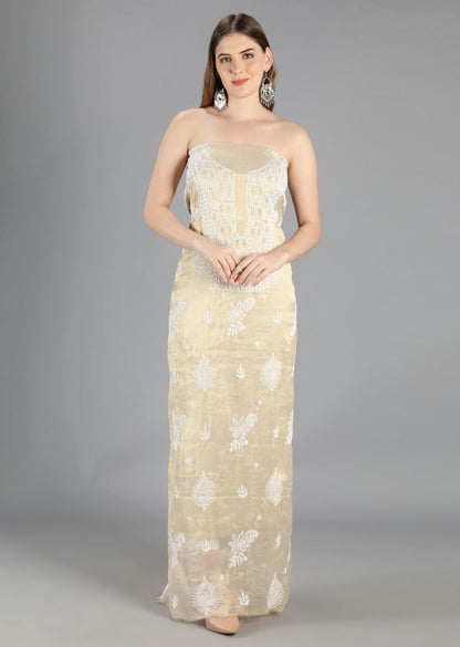 Firgun Gold Lucknowi Chikankari Tissue Georgette Unstitched Kurta & Dupatta Set