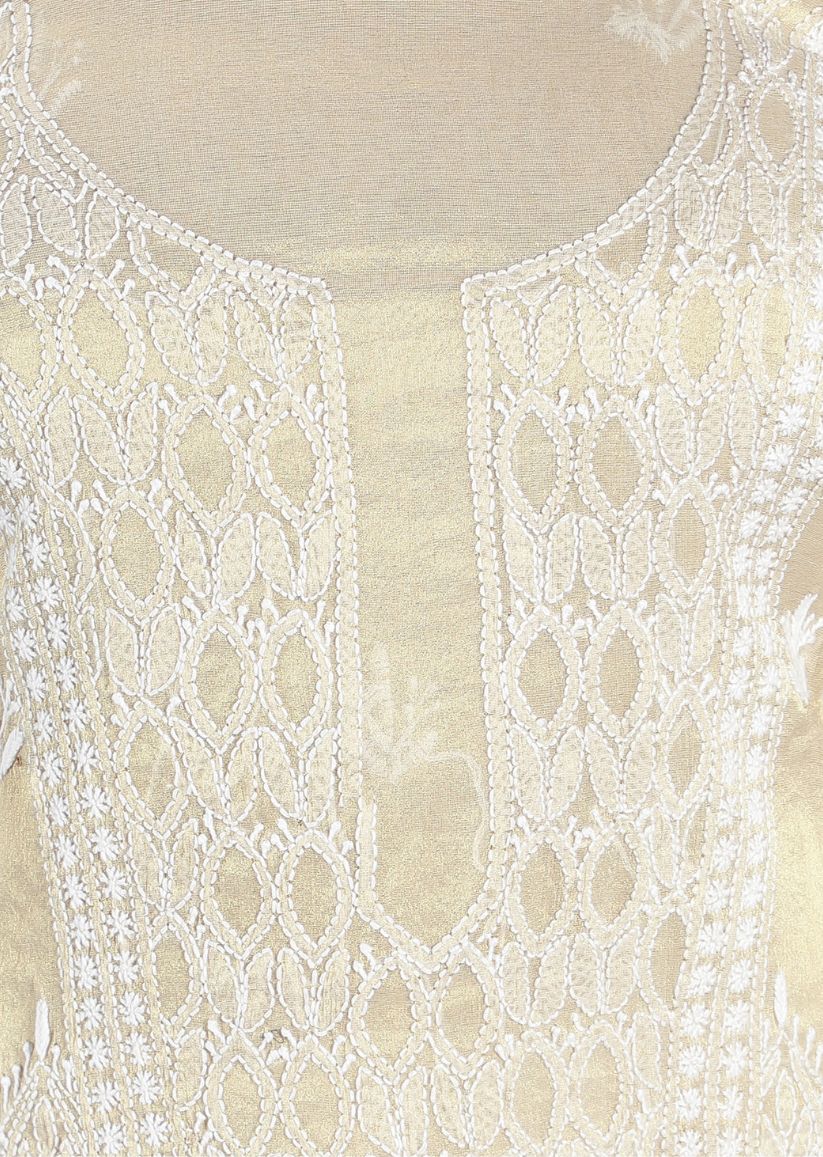 Firgun Gold Lucknowi Chikankari Tissue Georgette Unstitched Kurta & Dupatta Set