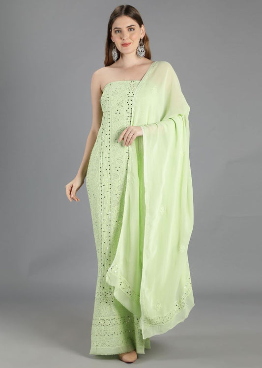 Firgun Pista Green Lucknowi Chikankari Viscose Georgette Unstitched Kurta & Dupatta Set