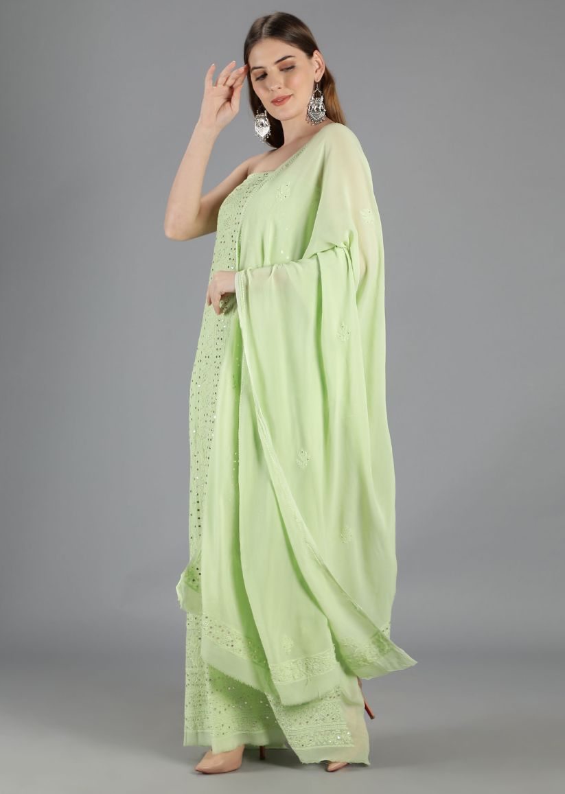 Firgun Pista Green Lucknowi Chikankari Viscose Georgette Unstitched Kurta & Dupatta Set