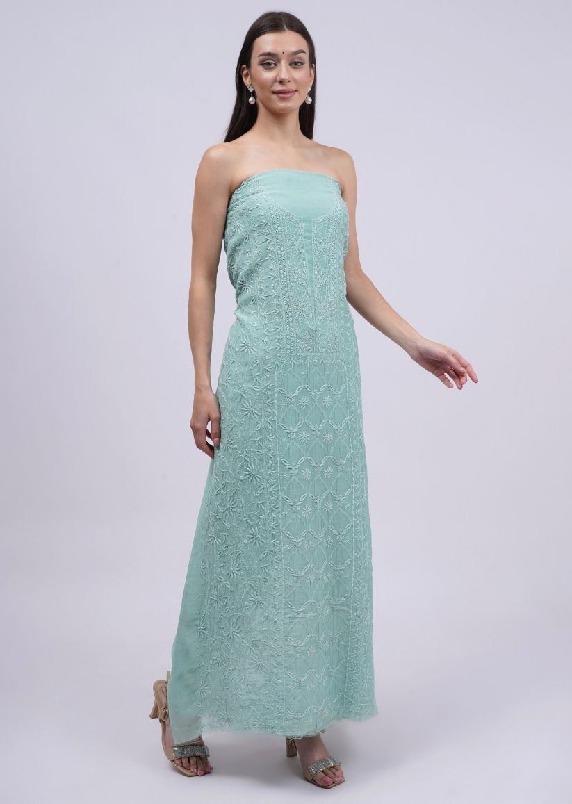 Firgun Pine Green Lucknowi Chikankari Mul Chanderi Unstitched Kurta & Dupatta Set