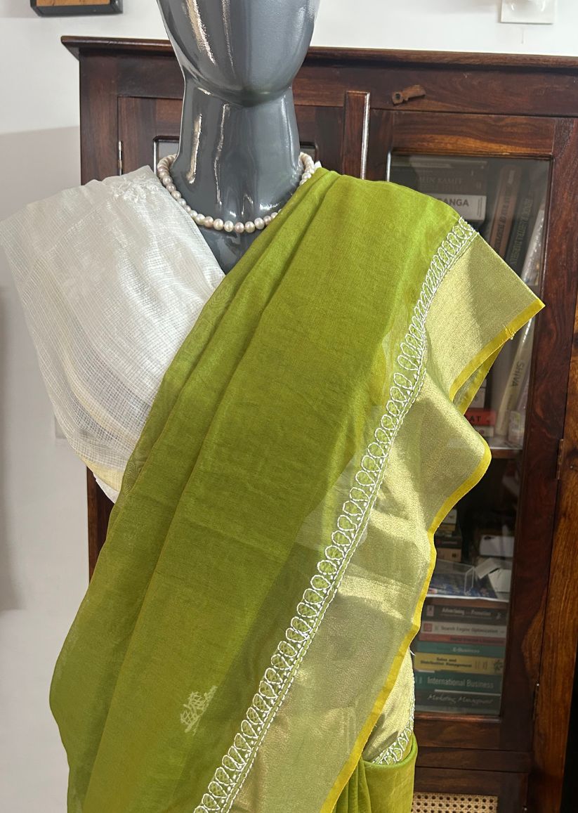 Firgun Olive Lucknowi Chikankari Chanderi Saree with Unstitched Blouse Piece