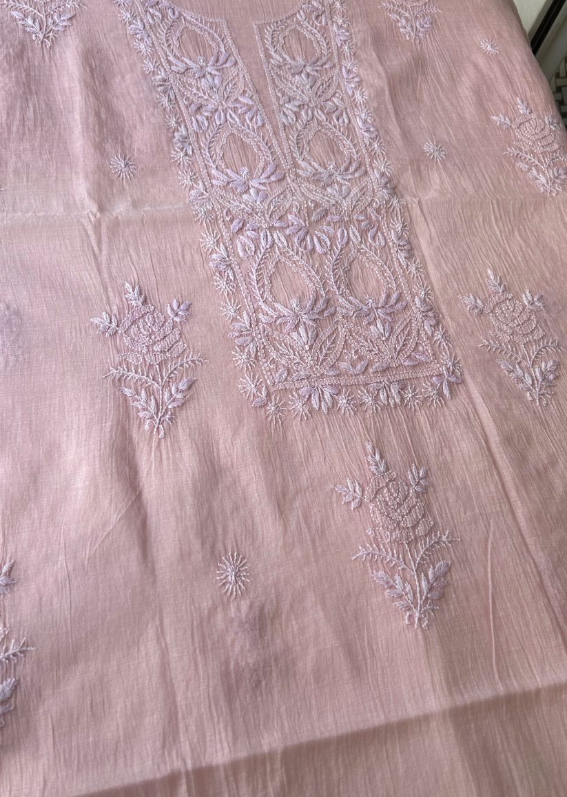 Firgun Blush Pink Lucknowi Chikankari Mul Chanderi Unstitched Kurta & Dupatta Set