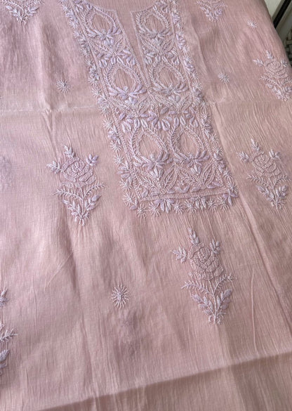 Firgun Blush Pink Lucknowi Chikankari Mul Chanderi Unstitched Kurta & Dupatta Set